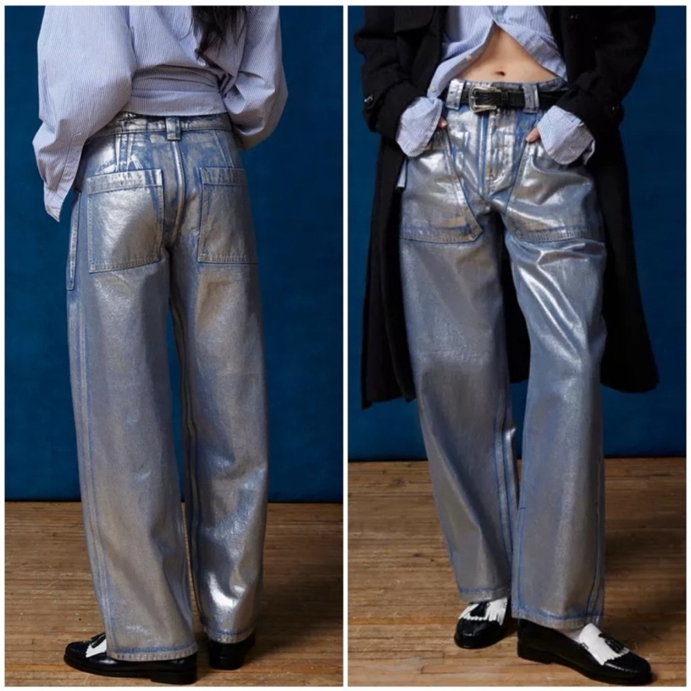 Urban Outfitters BDG Bella Baggy Patch Pocket Metallic Wide Leg Jeans Sz 26